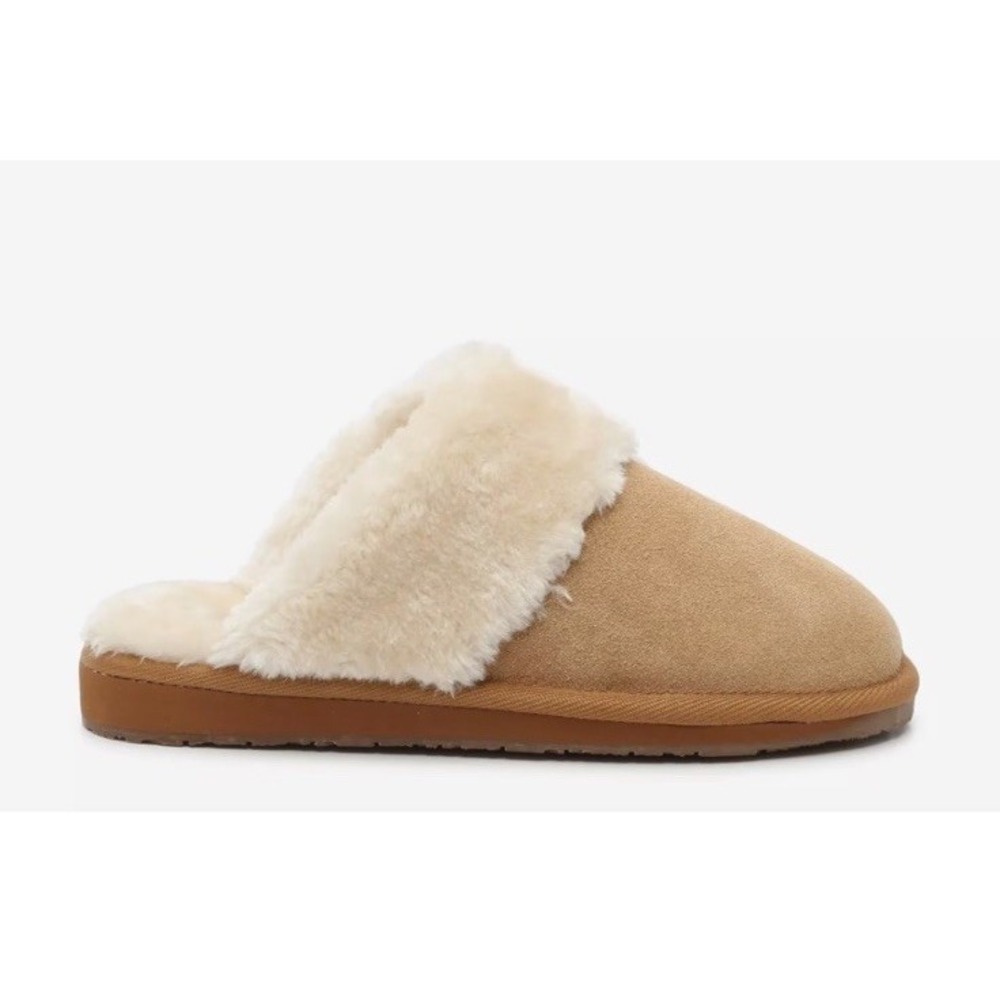 Minnetonka Carefree Scuff Tan Suede Faux Fur Trim Mules size 7 NEW Womens - Picture 7 of 11